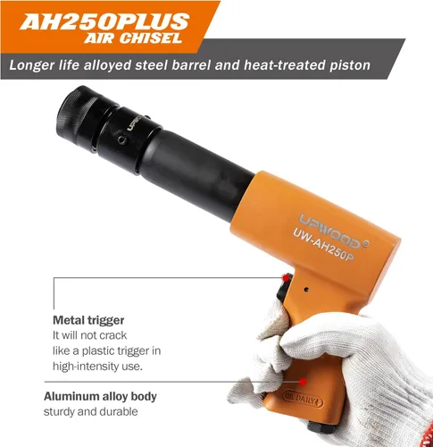 Miniatura 2 de UW-AH250P Kit de martillo neumático de barril largo con retenedor de cambio rápido y 4 cinceles, carrera de 3-5/8 pulgadas, 2200 BPM, peso ligero