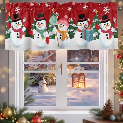 Miniatura 15 de Cenefas de gnomo de invierno para cocina, cafetería, cenefa de ventana de pino nevado de Navidad, cortinas cortas de copo de nieve azul, 60 x 18