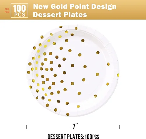 Miniatura 2 de Platos de papel blanco y dorado, 100 unidades, platos de postre de puntos dorados de 7 pulgadas, suministros de fiesta desechables para cumpleaños