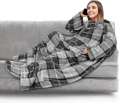 Miniatura 21 de PAVILIA Manta de forro polar con mangas, bolsillos para los pies para mujeres, hombres y adultos, manta de felpa para llevar, cálida manta