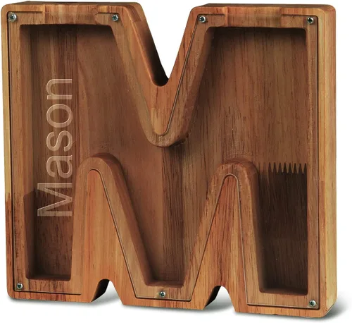 Miniatura 32 de Alcancía con nombre personalizado, 26 letras láser con texto personalizado, banco de monedas de madera, significado educativo, alcancía con nombre