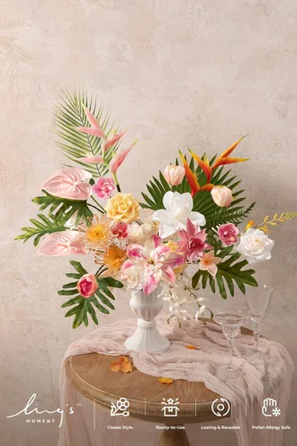 Miniatura 2 de Ling's moment Caja de flores falsas, tallos de vegetación artificiales artificiales, rosas de espuma, anturios, orquídea de seda, hoja de palmera