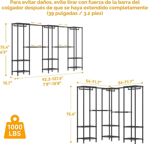 Miniatura 5 de Higeego H11 Perchero Grande para Colgar Ropa de Servicio Pesado, Organizador de Armario Ropero Independiente y Almacenamiento con Barras Colgantes