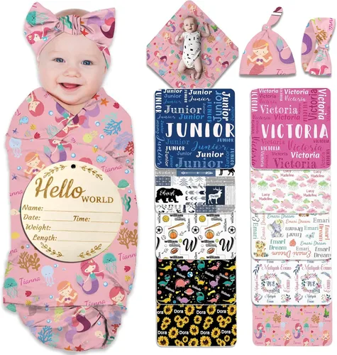 Miniatura 8 de Manta de bebé personalizada para niña y niño, manta de recepción con nombre personalizado con diadema de lazo y sombrero, regalos personalizados