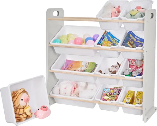 Miniatura 11 de VECELO Organizador de almacenamiento de juguetes para niños de gran capacidad con 12 contenedores - Estante de madera para juguetes para niños Rosa