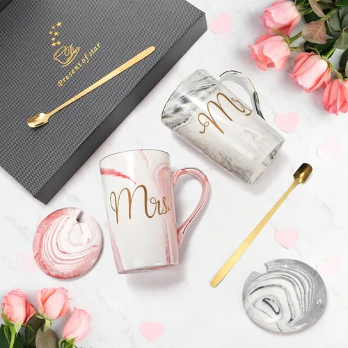 Miniatura 6 de Yesland Tazas de Café Mr and Mrs de 13.5 Oz, Regalos de Boda para Pareja/Novia y Novio, Tazas de Cerámica con Mármol para Despedida de Soltera