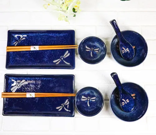 Miniatura 6 de Ebros Gift Juego de 10 platos japoneses de porcelana azul Tombo Dragonfly para sushi para 2 personas, pares de platos de sushi, cuencos de sopa
