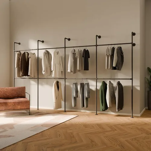 Miniatura 8 de pamo Perchero Industrial de Tubo Montado en la Pared – Sistema de Armario Negro en Acero con Recubrimiento en Polvo – 116.54" de ancho × 87.4