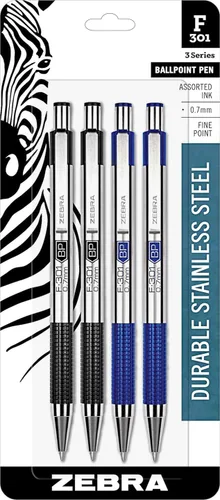 Zebra F-301 - Bolígrafo retráctil con barril de acero inoxidable de 0.028 in, punta fina, paquete de 4, 2 negros y 2 azules