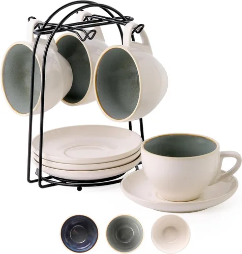 Miniatura 8 de SIDUCAL Juego de 6 tazas apilables para capuchino de 4 onzas, tazas de café de cerámica con platillos y portavasos, aptos para microondas
