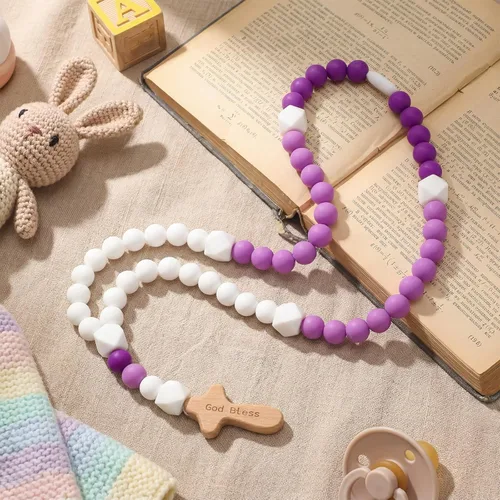 Miniatura 18 de Misdary Rosario de Bebé Regalo de Bautismo de Silicona Dios Bendiga a los Niños Primer Rosario con Cruz Suministros para Fiesta de Bautismo del 1er