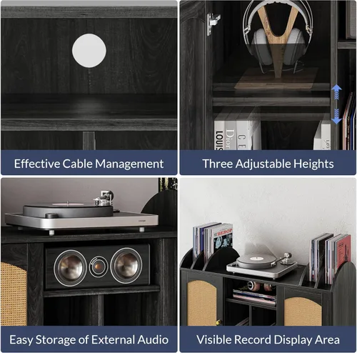Miniatura 4 de BELLEZE Mid-Century - Soporte para tocadiscos, gabinete de almacenamiento de vinilo de ratán para más de 350 álbumes, mesa giratoria con toma