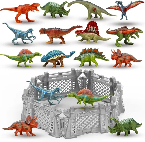 Oriate 12 piezas Mini Figuras de Dinosaurios para Niños de 3-5 y 5-7 años, juego de captura y escape del mundo de los dinosaurios, incluye 6 vallas