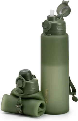 Miniatura 10 de TakeToday Botellas de agua plegables de 32 onzas, botella de agua plegable de viaje, sin BPA, botella de agua de silicona a prueba de fugas
