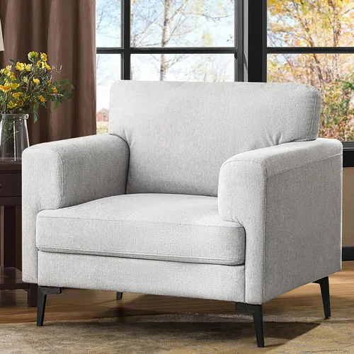 Miniatura 15 de Silla decorativa de gran tamaño, sillas tapizadas para sala de estar, sofá individual con patas de metal, cómoda silla de lectura de tela de lino