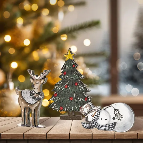 Miniatura 7 de Smile 3 Piezas Bloques de Madera Letreros de Navidad, Reno Árbol Muñeco de Nieve Decoraciones de Bandeja Escalonada, para Mesa y Estante del Hogar.