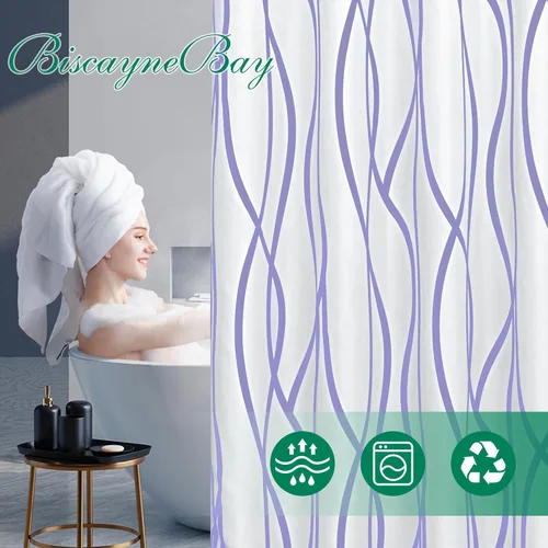 Miniatura 3 de Biscaynebay - Cortina de ducha de tela texturizada 72x72 pulgadas, lavanda, rayas estampada, cortina de baño moderna de lino de lujo de calidad