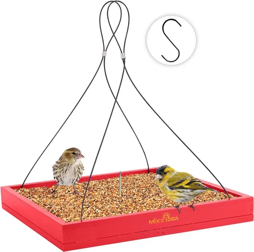 Miniatura 8 de MIXXIDEA Bandeja colgante para comedero de pájaros, bandeja de semillas de madera, bandeja colgante para colibríes, plataforma de semillas de malla