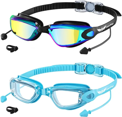Miniatura 11 de Paquete de 2 gafas de natación sin fugas, antivaho y UV, gafas de natación para adultos, hombres y mujeres, lentes de policarbonato con espejo HD