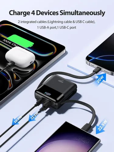 Miniatura 5 de Cargador portátil de 10000 mAh de carga rápida, batería USB C de 22.5 W con cables integrados, pequeño cargador portátil de viaje esenciales