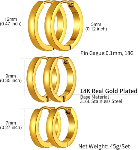 Miniatura 6 de ChainsHouse Juego de aretes de aro de acero inoxidable quirúrgico hipoalergénico, chapado en oro de 18 quilates, 0.276in, 0.315in, 0.354in, 0.472in