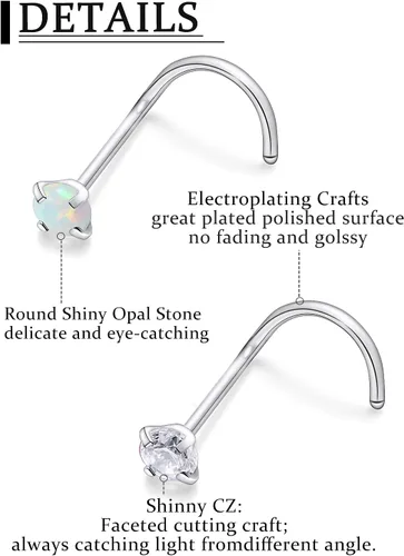 Miniatura 6 de Piercing para la nariz de 20/0.63 oz, rectos, L/sacacorchos, para la nariz, joyería para mujer, acero inoxidable quirúrgico hipoalergénico
