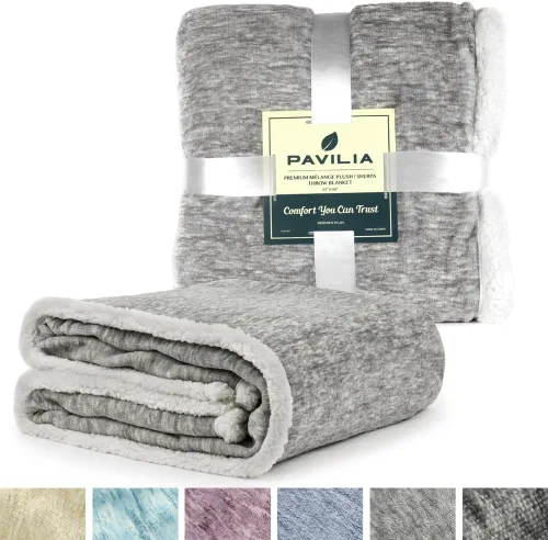 Miniatura 9 de Manta de sherpa melange premium para sofá y sillón de Pavilia Suave, esponjosa, mullida, cálida, acogedora Gris claro, ligera, de microfibra