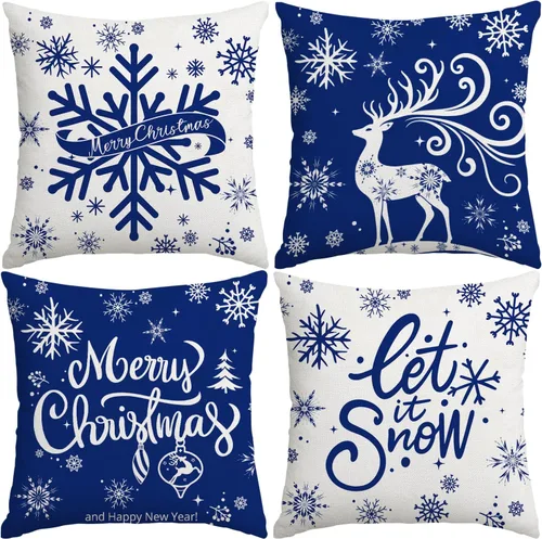 Artmag Fundas de almohada de Feliz Navidad 16x16 pulgadas, copos de nieve, Let it Snow, alce, vacaciones de invierno, azul, funda de cojín para