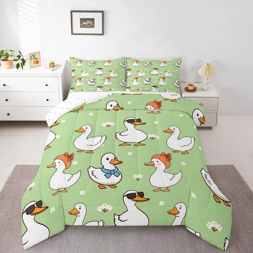 Miniatura 26 de Erosebridal Juego de ropa de cama a cuadros azul para niños, juego de cama individual con diseño de patos amarillos de dibujos animados, juego