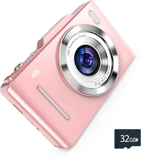 Cámara digital 4K – Fotos de 48 MP, tarjeta SD de 32 GB y cordón incluidos, apta para viajes, cámara digital de apuntar y disparar, tamaño infantil,
