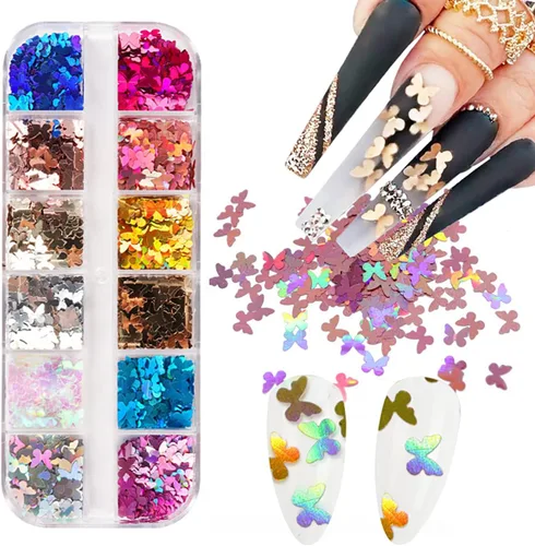 12 rejillas holográficas de mariposa para arte de uñas, lentejuelas con purpurina láser 3D brillantes para diseño de uñas acrílicas, paillettes