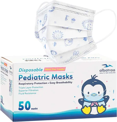Albatross Health New England Paquete de 50 mascarillas desechables para niños. Transpirable de 3 capas, antipolvo, saliva, smog para niños y niñas