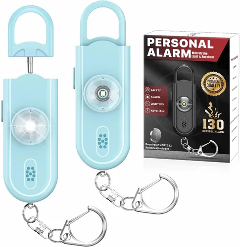 Llavero de alarma de seguridad personal para mujeres, 2 unidades, sirena fuerte de 130 dB con luz estroboscópica SOS, linterna, altavoces dobles,