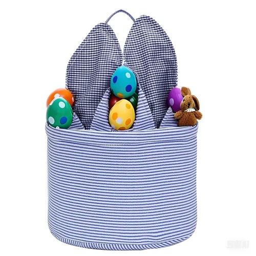 Miniatura 10 de Cesta de Pascua de sirsaca para niños con lindas orejas de conejo a rayas, regalos de almacenamiento de caramelos, regalos personalizados