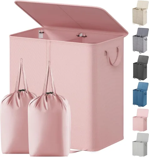 Miniatura 11 de Lifewit Cesta de lavandería doble con tapa y bolsas de lavandería extraíbles, gran plegable, 2 divisores, cesta de ropa sucia con asas para Negro