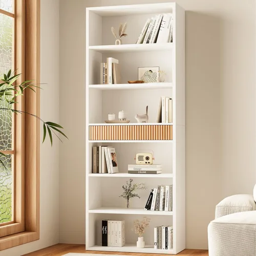 Miniatura 10 de Estantería de 72 pulgadas de alto con almacenamiento, estantería de 7 niveles acanalada con cajón, estante organizador de libros con dispositivo