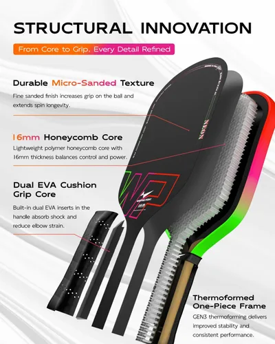 Miniatura 3 de Warping Point Pala de pickleball Neon Gen 3, aprobada por UPA-A, fibra de carbono T700 cruda de triple capa, núcleo EdgeFusion de 16 mm, marco