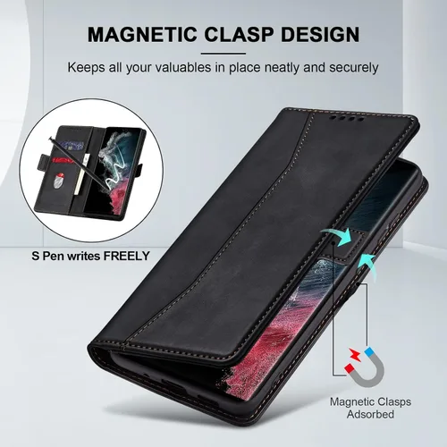 Miniatura 3 de Jasonyu Funda tipo cartera con tapa para Samsung Galaxy S22 Ultra 5G, funda magnética de cuero con tarjetero, función atril, funda protectora Negro