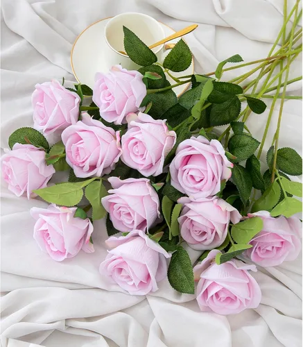 Miniatura 16 de Hawesome Rosas Falsas Flores Artificiales de Seda - 12 Piezas Rosas Moradas Artificiales Flores Falsas con Tallos para Hogar Boda Centro de Mesa