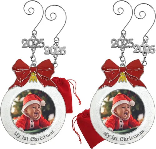 Miniatura 8 de Adorno fotográfico de la primera Navidad del bebé con un dije de 2025 - Con forma de bombilla con purpurina blanca y lazo rojo - Bolsa incluida