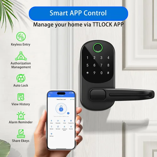 Miniatura 7 de Cerradura inteligente con asa, cerradura de puerta de entrada sin llave de huellas dactilares, control de aplicación, cerrojo de teclado con bloqueo