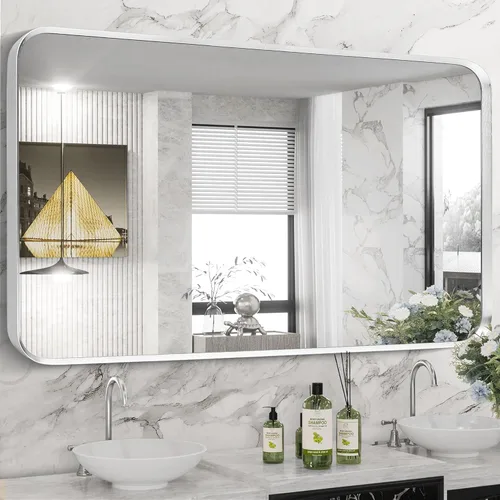 Miniatura 38 de Espejo de montaje en pared para baño, espejo rectangular de tocador rectangular con marco de metal negro cepillado (16 x 20 pulgadas, negro)