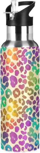 Stainless Steel Vacuum Insulated Water Bottle 20 Oz, Leakproof Water Bottles for Gym Outdoor Travel School, Rainbow Colored Leopard Spots
