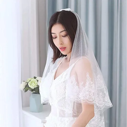 Miniatura 2 de Brinote Velos de boda con lentejuelas y borde de encaje para novias velo corto de 2 niveles longitud a la cadera velos de novia con peine brillante