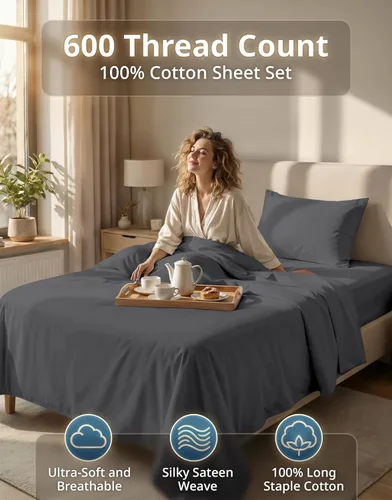 Miniatura 2 de LANE LINEN - Juego de sábanas de 100% algodón tamaño individual XL, 600 hilos, sábanas de algodón mercerizado tamaño individual XL, lavables a 01