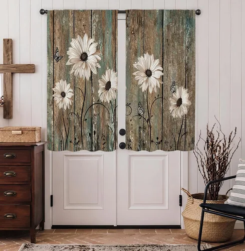 Miniatura 8 de Cortinas de cocina vintage retro de madera, con bolsillo para cortinero, 27.5 pulgadas de ancho x 39 pulgadas de largo, 2 paneles de flores blancas