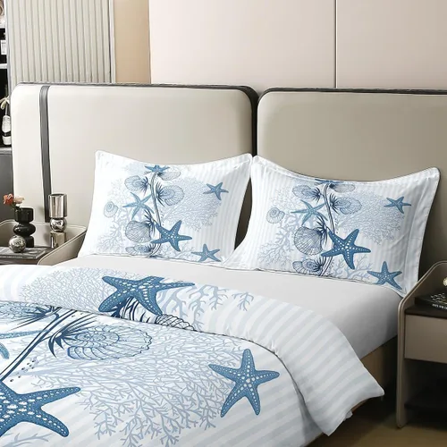 Miniatura 4 de 100% Algodón Natural Acuarela Juego de Ropa de Cama con Diseño Marino para Niños y Niñas, Juego de Cama con Estrella de Mar y Caracol Azul, Juego