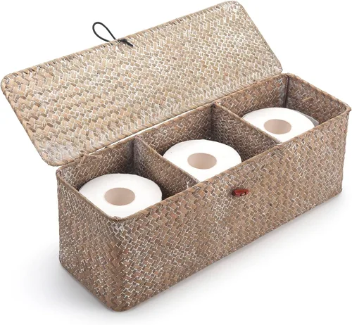 Cesta de Almacenamiento de Seagrass Blanqueado con Tapa Tejida para Rollos de Papel Higiénico con Secciones Rectangular para Organizar Snacks y
