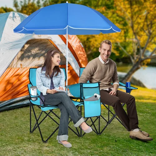 Miniatura 2 de Tangkula Sillas de campamento dobles con paraguas, silla de campamento plegable portátil de 2 asientos con bolsa enfriadora, soporte para bebidas