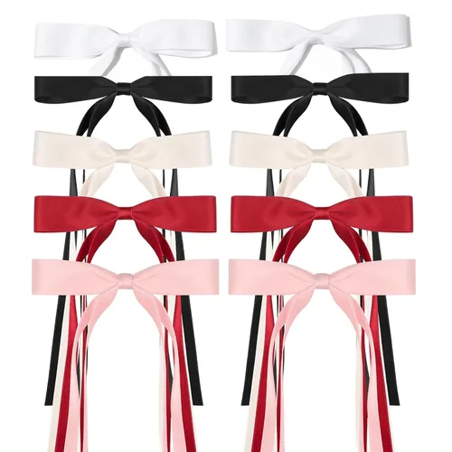 Juego de lazos para el pelo de cinta para mujeres y niñas, 10 pinzas para el cabello con borlas de lazo, pasadores en negro, blanco, rojo vino,